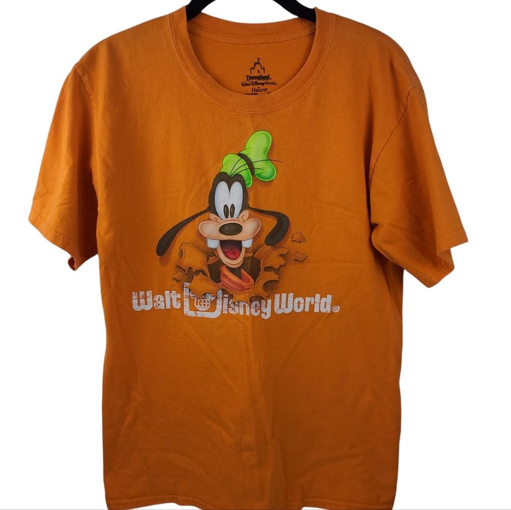Walt Disney World Disneyland Orange Goofy 2 Sided Crew Neck Tshirt Adult Small